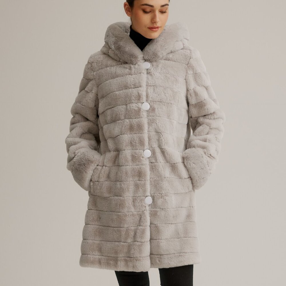Reversible Charcoal Silver Faux Sheared Beaver 36" Parka